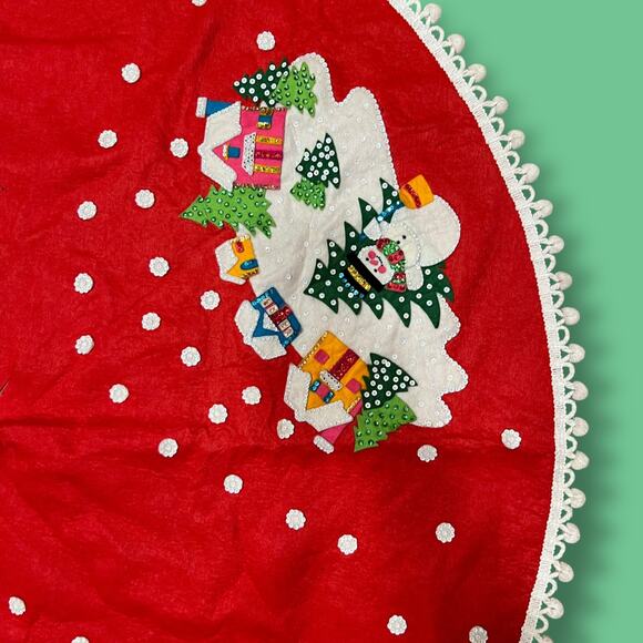 VTG Bucilla Jeweled White Christmas Tree Skirt Applique Red Felt 54 Inch #2107 - Picture 5 of 14